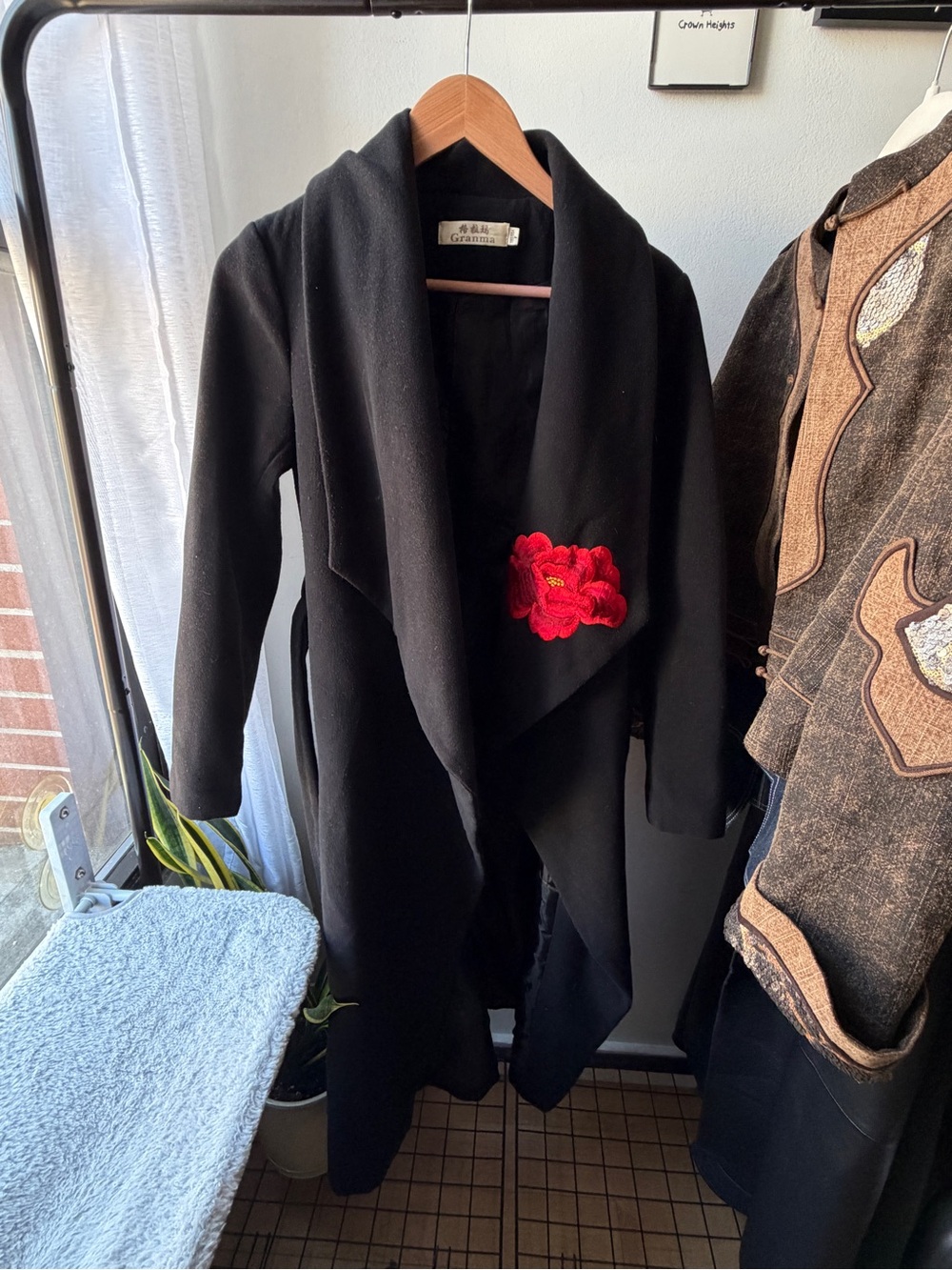 Black Open Front Coat with Red Floral Applique